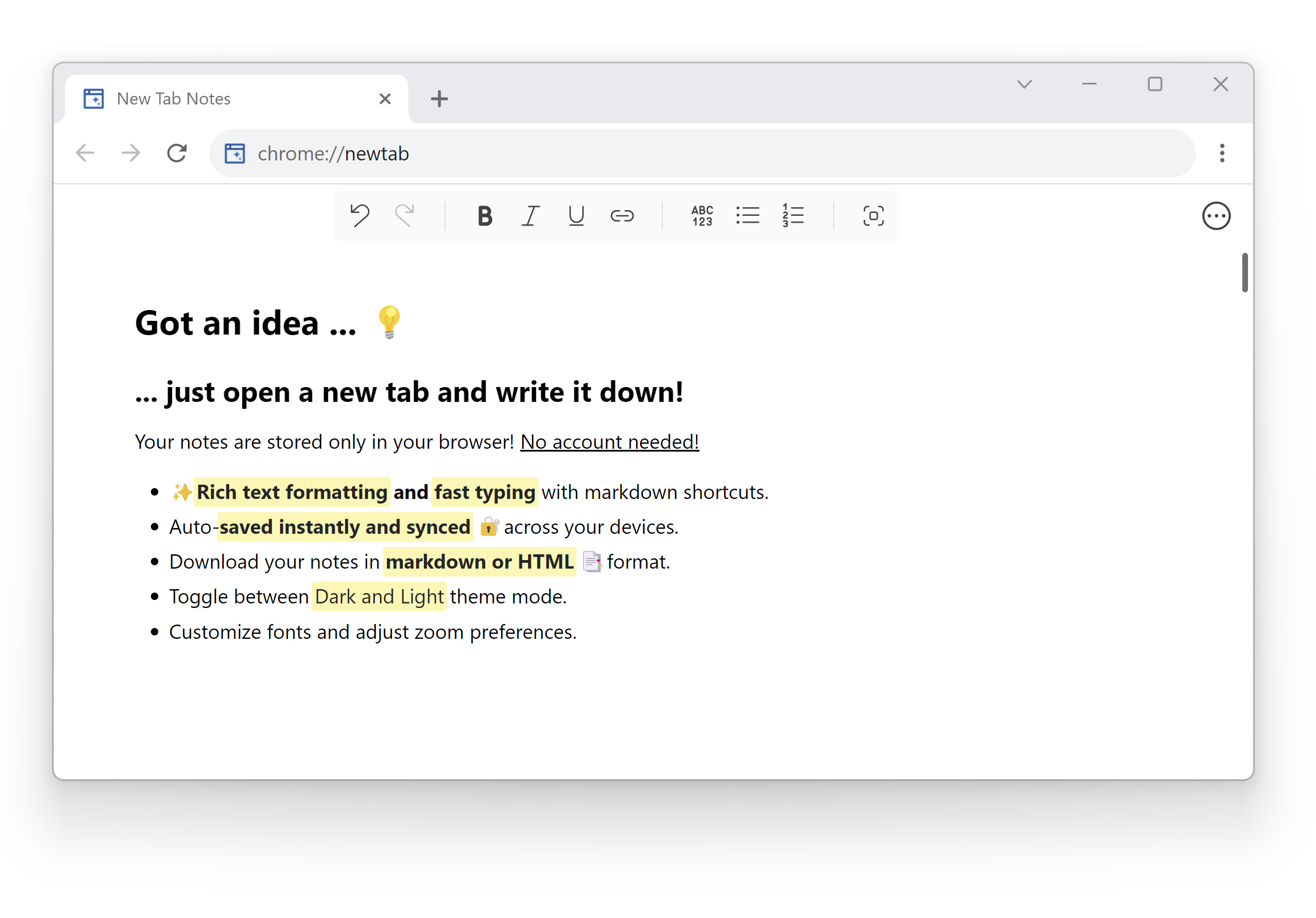 New Tab Notes extension text editor inside new tab in Chrome