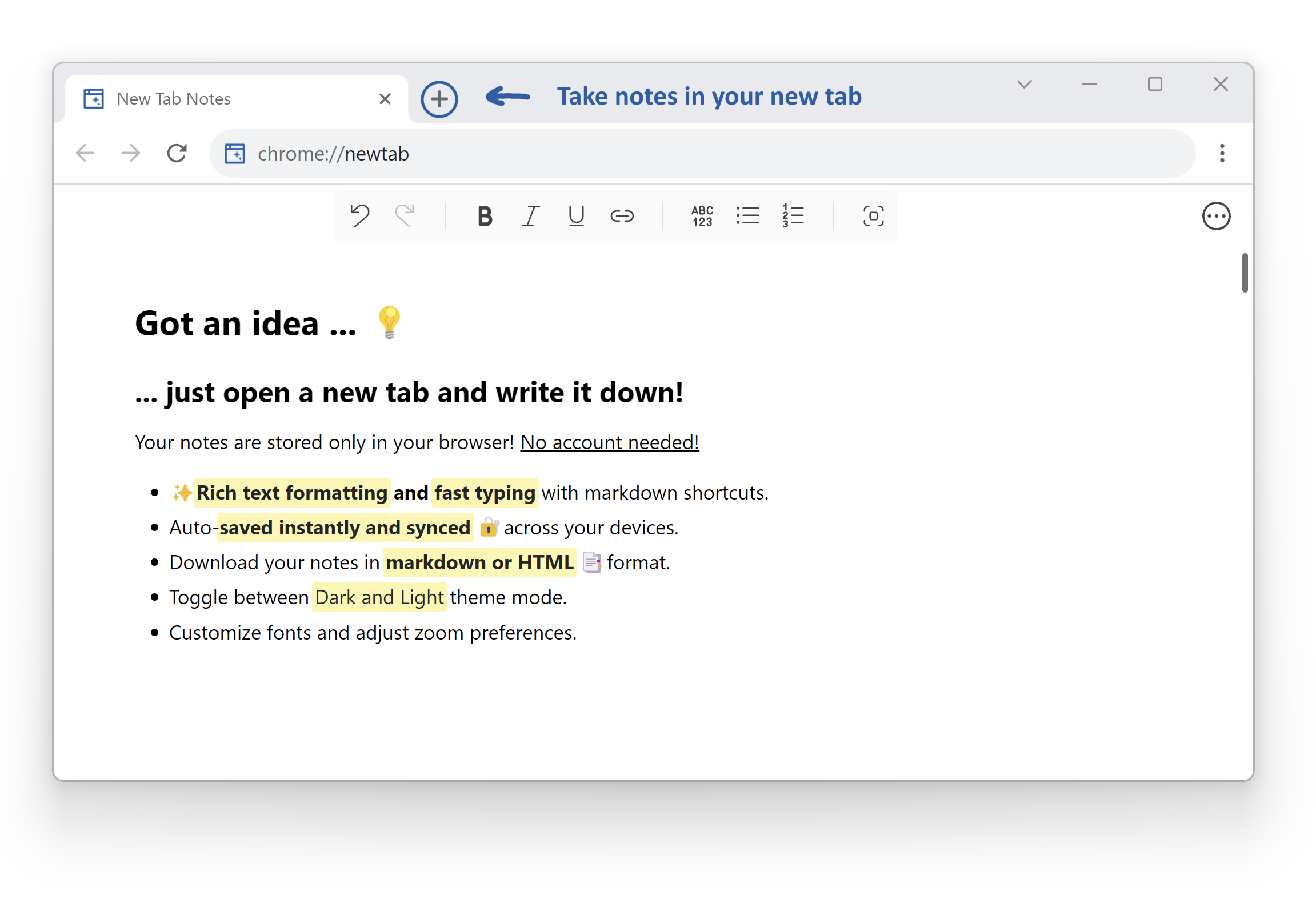 New Tab Notes extension text editor inside new tab in Chrome