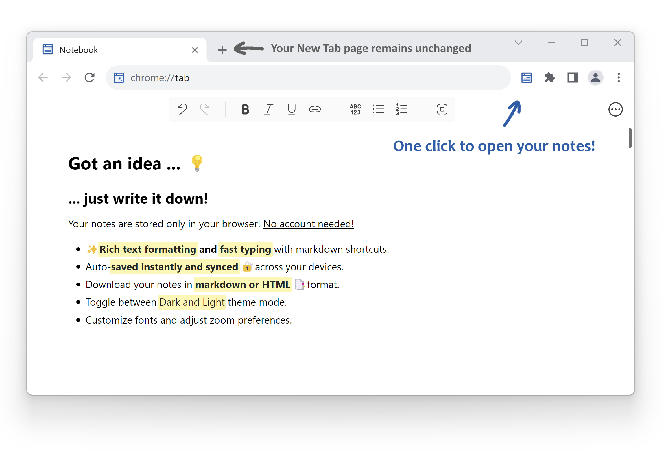 Notebook extension text editor inside a tab in Chrome